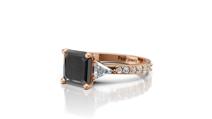 Black Emerald Cut Moissanite Engagement Ring | Rose Gold Trillion & Diamond Accent Ring | Unique Bridal Ring by Pearl Jewelz | Anniversaries