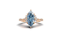 Marquise Blue Moissanite Engagement Ring in 14K Yellow Gold | Vintage Inspired Diamond Accent Ring | Unique Art Deco Bridal Jewelry