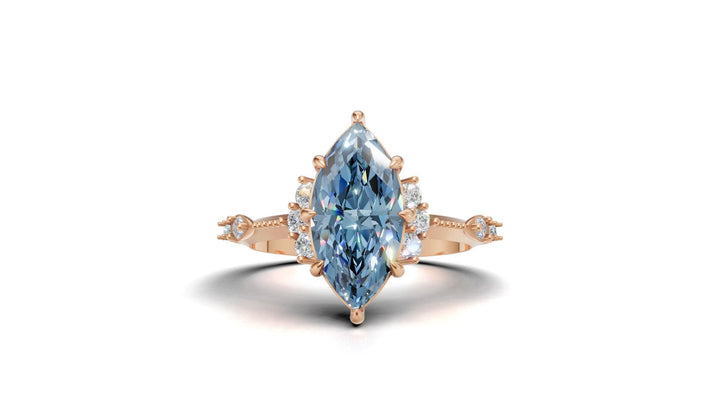 Marquise Blue Moissanite Engagement Ring in 14K Yellow Gold | Vintage Inspired Diamond Accent Ring | Unique Art Deco Bridal Jewelry