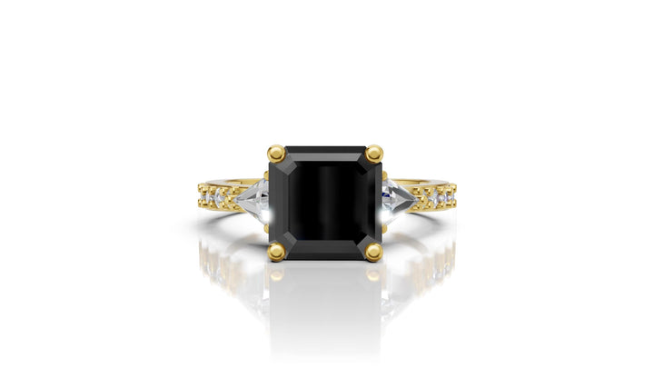 Black Emerald Cut Moissanite Engagement Ring | Rose Gold Trillion & Diamond Accent Ring | Unique Bridal Ring by Pearl Jewelz | Anniversaries