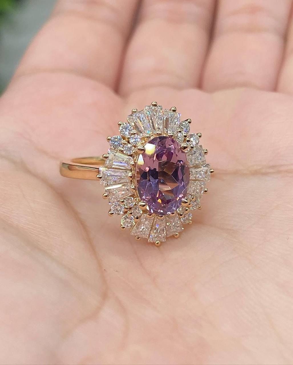 Vintage-Inspired Purple Oval Sapphire Ring with Baguette & Round Moissanite Halo in 14K Rose Gold