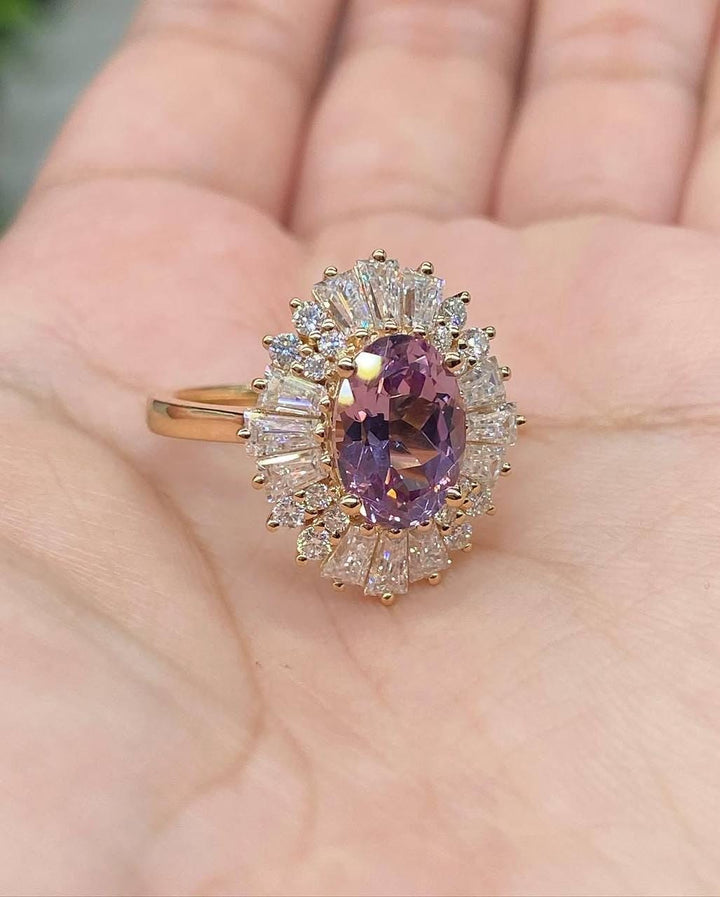 Vintage-Inspired Purple Oval Sapphire Ring with Baguette & Round Moissanite Halo in 14K Rose Gold