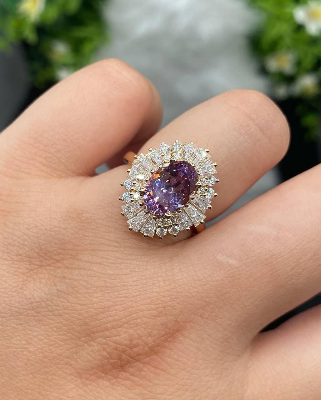 Vintage-Inspired Purple Oval Sapphire Ring with Baguette & Round Moissanite Halo in 14K Rose Gold