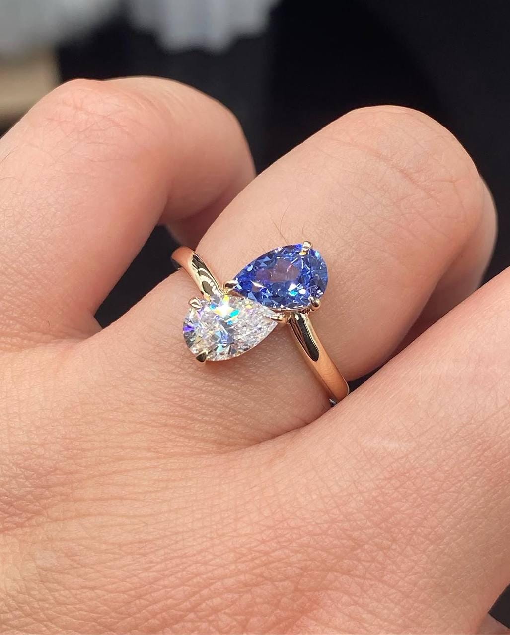 Pear Cut Toi et Moi Ring with White Moissanite & Blue Sapphire | 14K Gold Double Stone Engagement Ring | Unique Two Stone Ring for Her