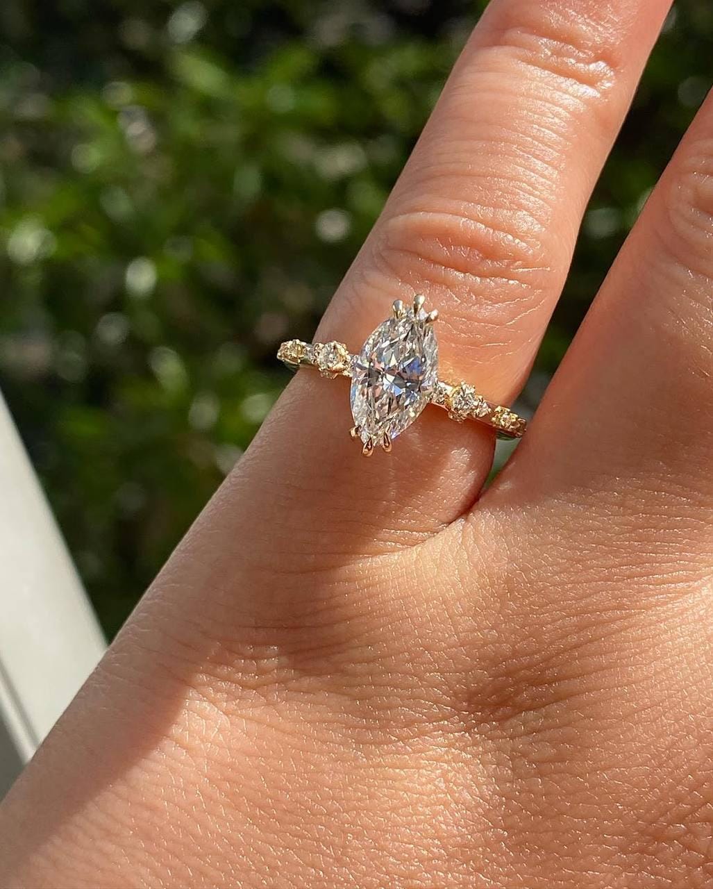 Marquise Moissanite Engagement Ring with Diamond Band – 14K Yellow Gold Vintage Style Ring – Unique Marquise Cut Ring for Her