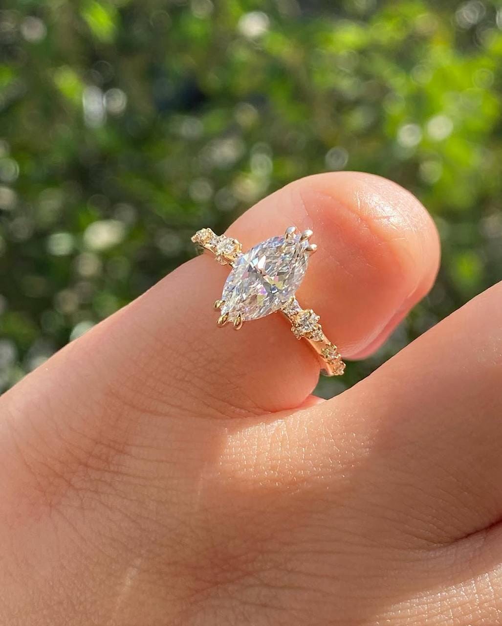 Marquise Moissanite Engagement Ring with Diamond Band – 14K Yellow Gold Vintage Style Ring – Unique Marquise Cut Ring for Her