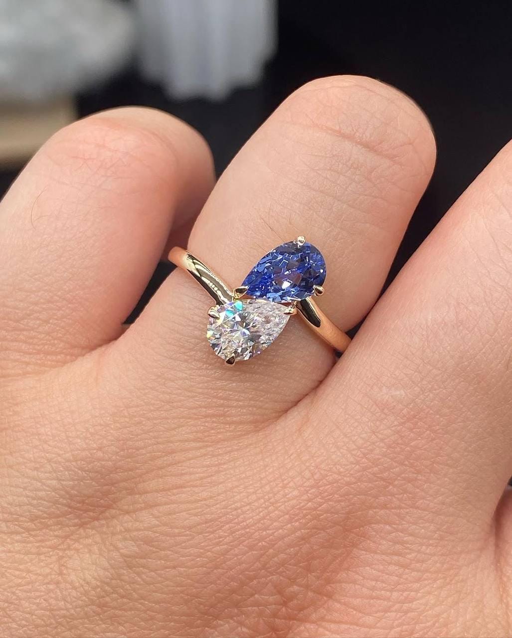 Pear Cut Toi et Moi Ring with White Moissanite & Blue Sapphire | 14K Gold Double Stone Engagement Ring | Unique Two Stone Ring for Her