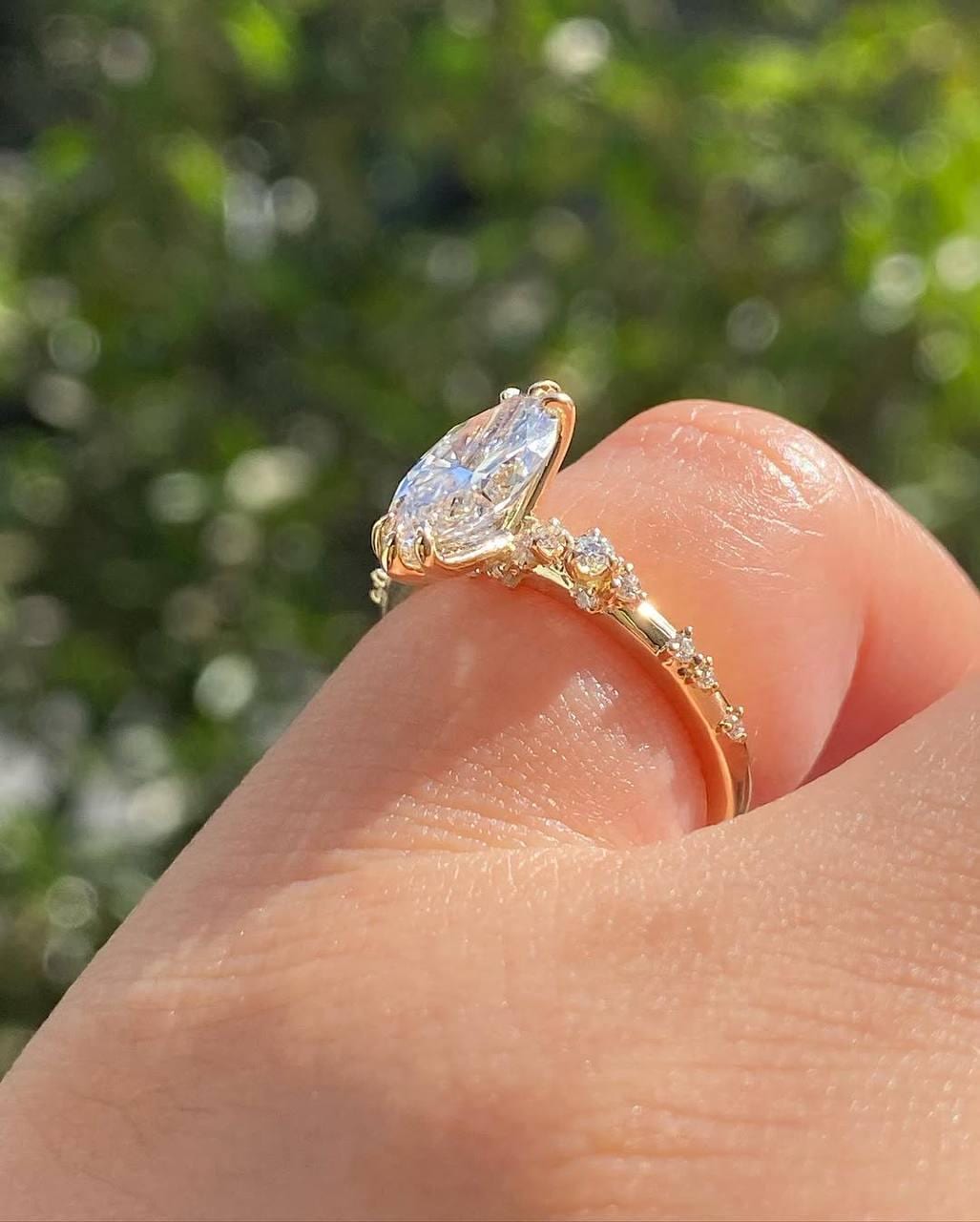 Marquise Moissanite Engagement Ring with Diamond Band – 14K Yellow Gold Vintage Style Ring – Unique Marquise Cut Ring for Her