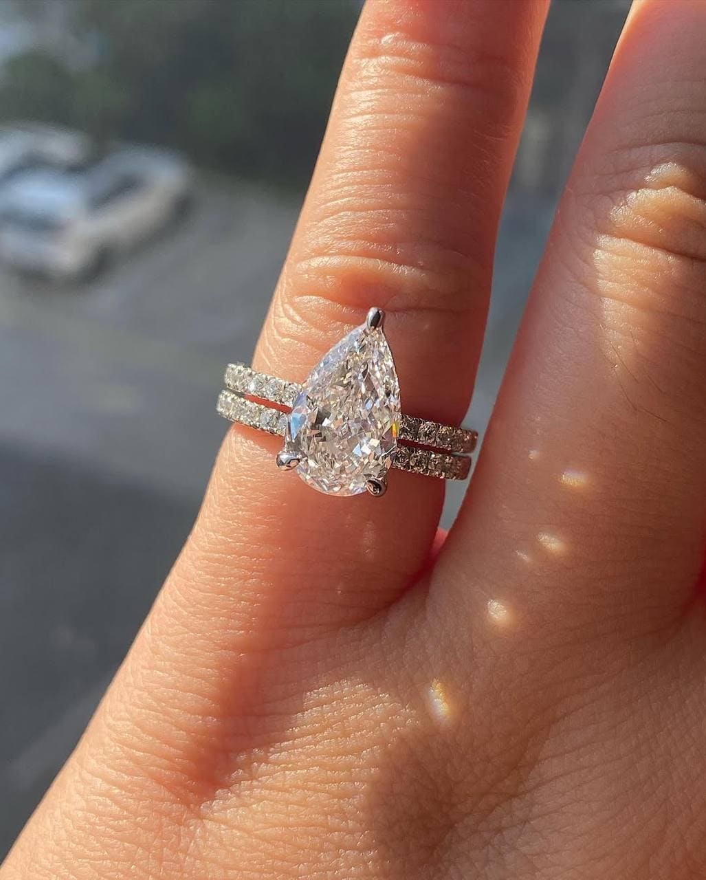 Pear Shaped Moissanite Engagement Ring Set – Double Band Pavé Ring in 14K White Gold – Lab Grown Diamond Alternative Bridal Set Pearl Jewelz