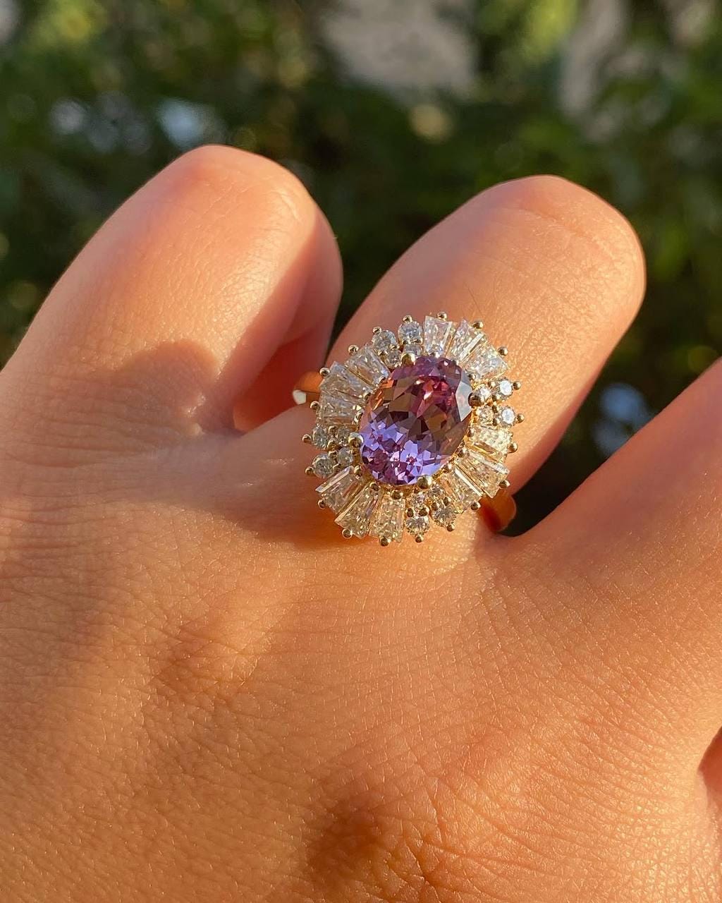 Vintage-Inspired Purple Oval Sapphire Ring with Baguette & Round Moissanite Halo in 14K Rose Gold