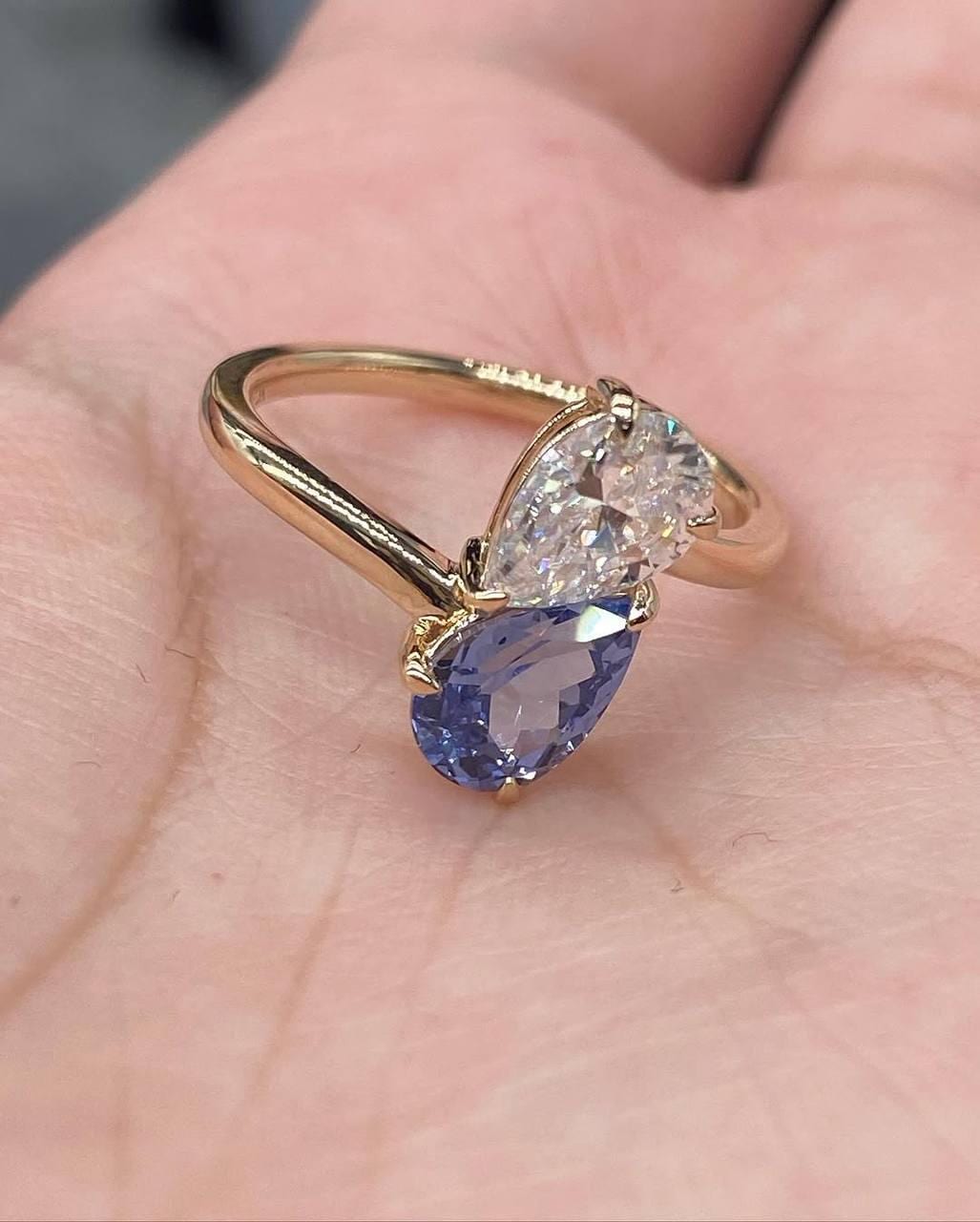 Pear Cut Toi et Moi Ring with White Moissanite & Blue Sapphire | 14K Gold Double Stone Engagement Ring | Unique Two Stone Ring for Her