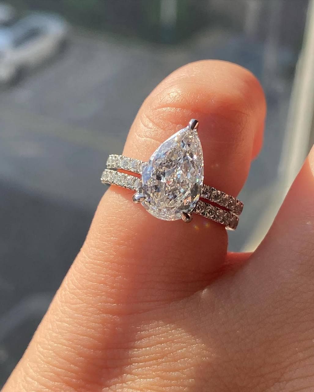 Pear Shaped Moissanite Engagement Ring Set – Double Band Pavé Ring in 14K White Gold – Lab Grown Diamond Alternative Bridal Set Pearl Jewelz