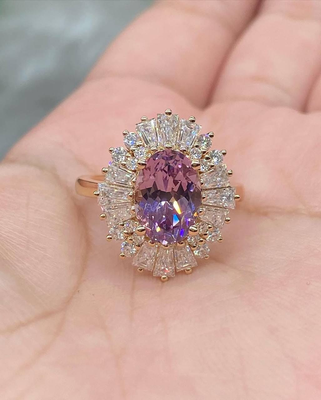 Vintage-Inspired Purple Oval Sapphire Ring with Baguette & Round Moissanite Halo in 14K Rose Gold