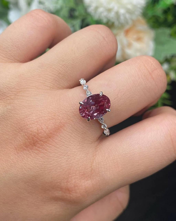 Oval Raspberry Red Lab-Grown Sapphire Ring with Diamond Accents in 14K White Gold | Unique Engagement or Statement Ring | Ring for Her