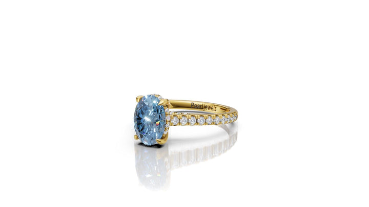 Blue Moissanite Engagement Ring in Rose Gold | oval Cut Solitaire with Diamond Accents | Hidden Halo Bridal Ring | Custom Fine Jewelry