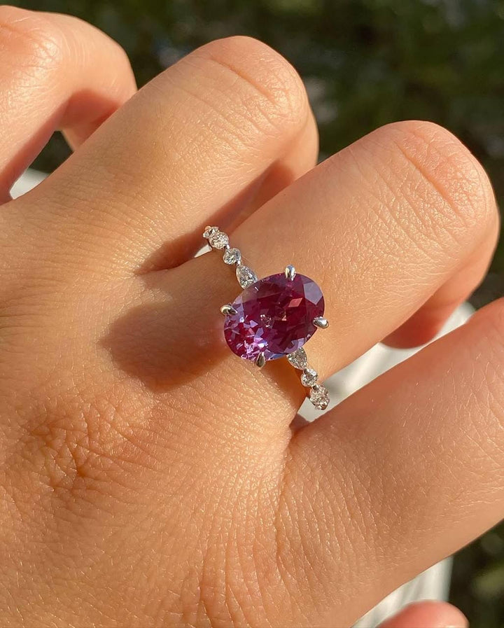 Oval Raspberry Red Lab-Grown Sapphire Ring with Diamond Accents in 14K White Gold | Unique Engagement or Statement Ring | Ring for Her