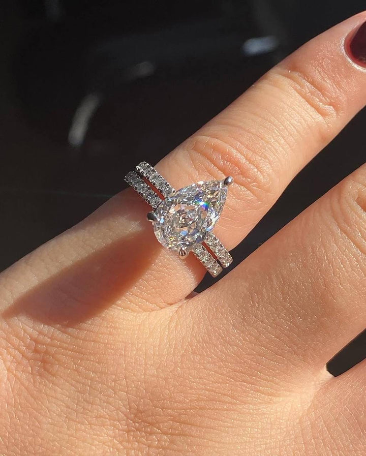 Pear Shaped Moissanite Engagement Ring Set – Double Band Pavé Ring in 14K White Gold – Lab Grown Diamond Alternative Bridal Set Pearl Jewelz