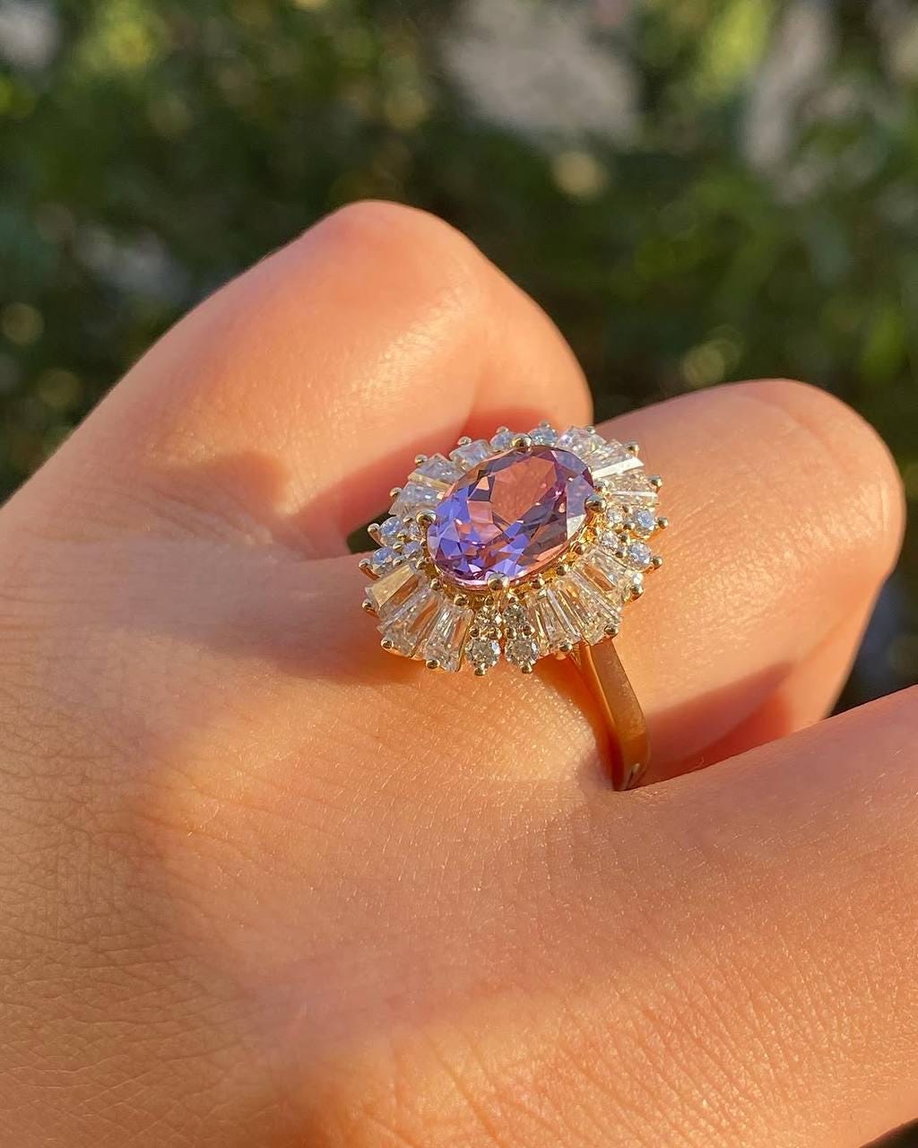 Vintage-Inspired Purple Oval Sapphire Ring with Baguette & Round Moissanite Halo in 14K Rose Gold