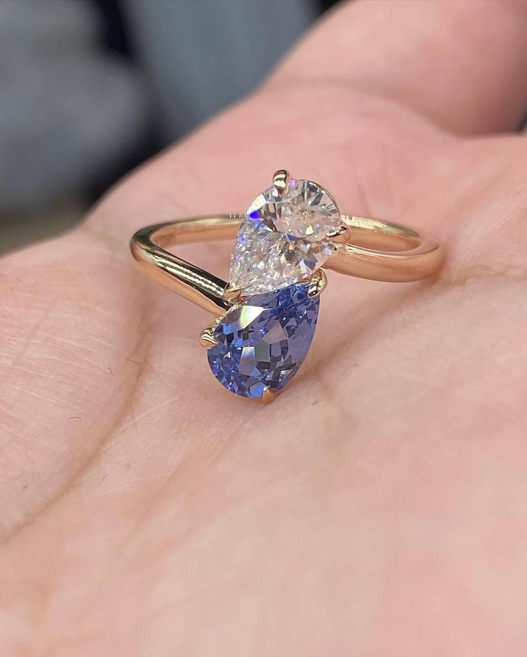 Pear Cut Toi et Moi Ring with White Moissanite & Blue Sapphire | 14K Gold Double Stone Engagement Ring | Unique Two Stone Ring for Her