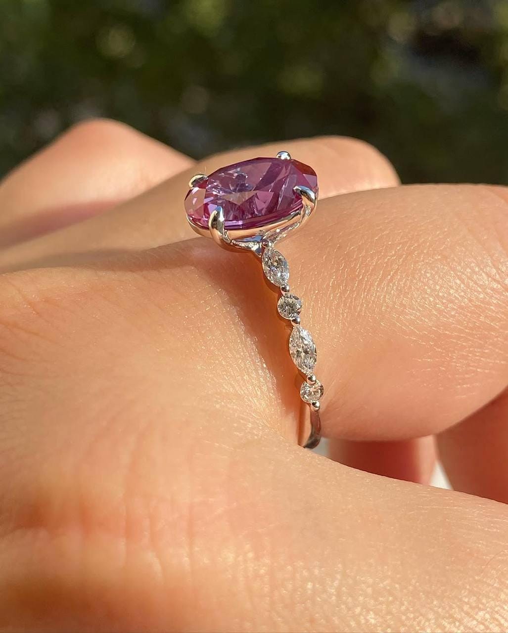 Oval Raspberry Red Lab-Grown Sapphire Ring with Diamond Accents in 14K White Gold | Unique Engagement or Statement Ring | Ring for Her