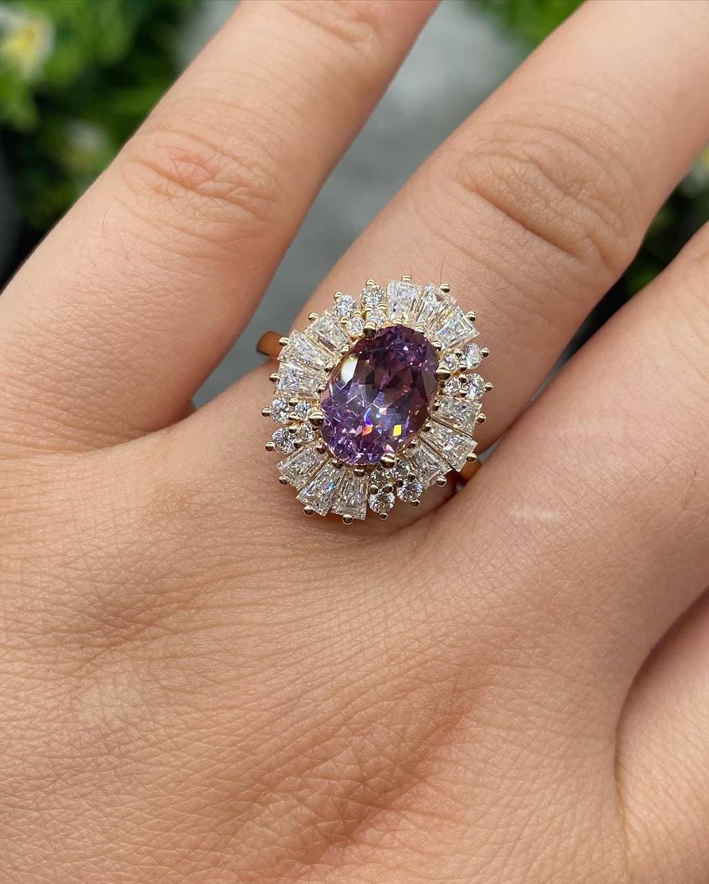 Vintage-Inspired Purple Oval Sapphire Ring with Baguette & Round Moissanite Halo in 14K Rose Gold